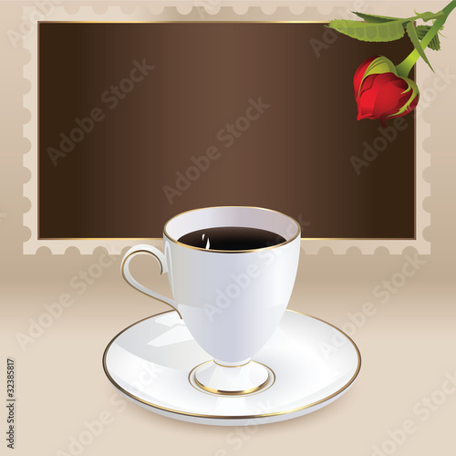 Vintage card with coffee mug and heart shaped rose