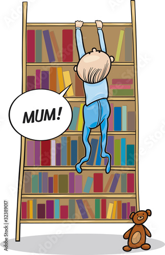 baby boy climbing on bookcase