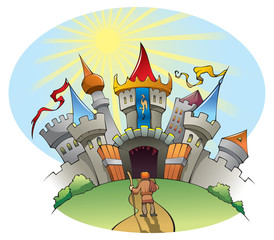 Keuken achterwand Kasteel Man voor vrolijke cartoonstad  © Sergey Oganesov