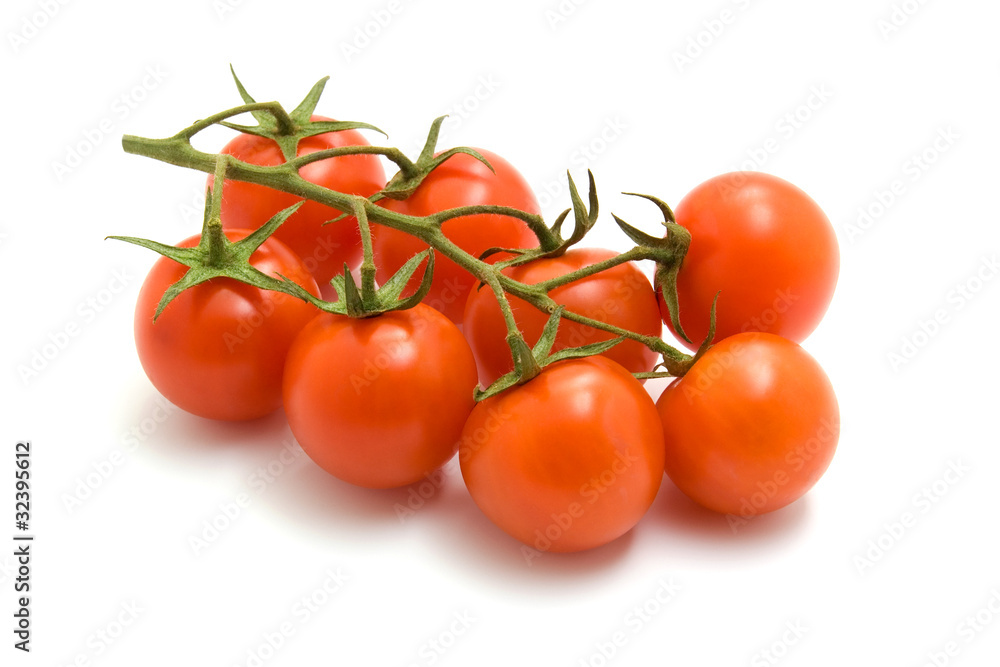 Ripe red cherry tomatoes on the branch isolated on white