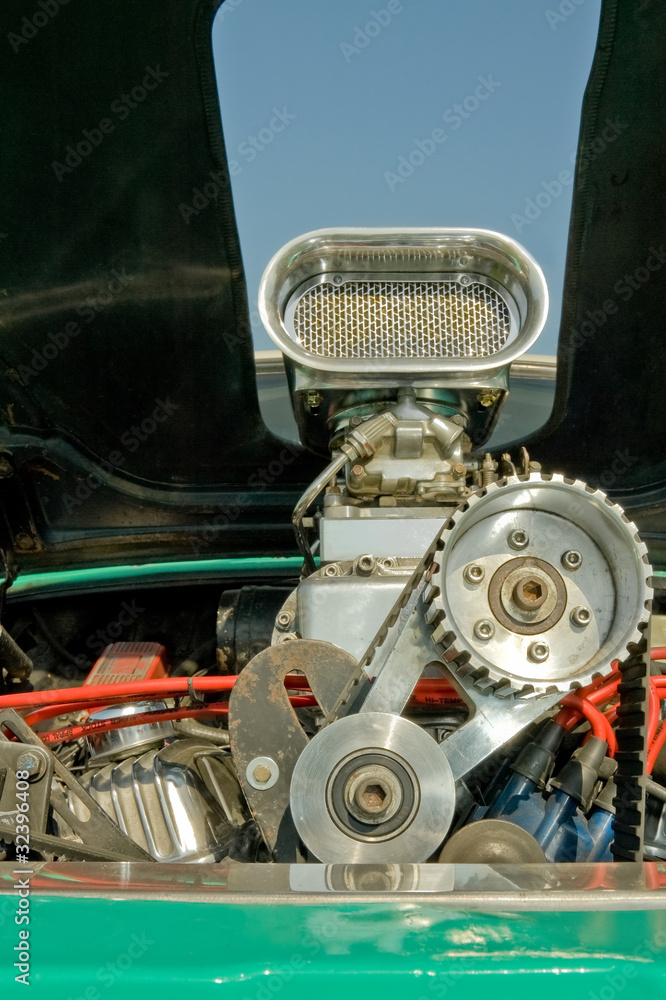 Fototapeta premium supercharger and engine bay of a custom hotrod