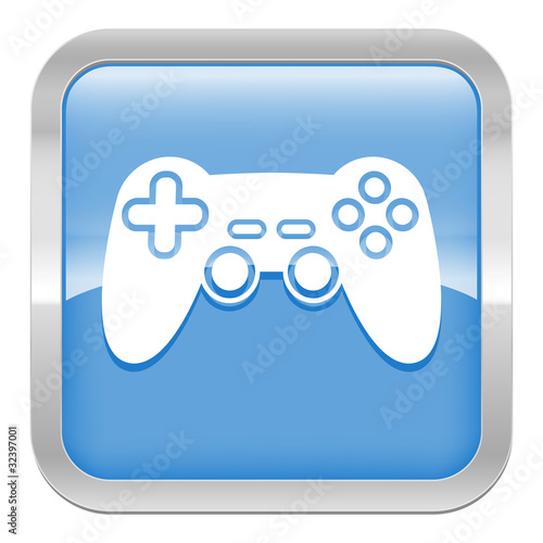 pictogramme manette de jeux série carré bleu