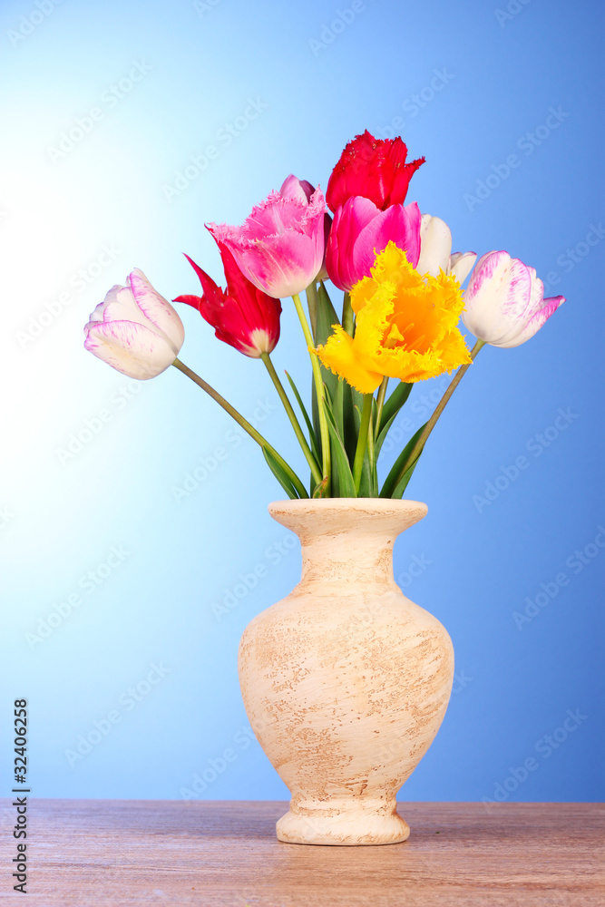 Tulips in vase on blue background Tulips in vase on blue background