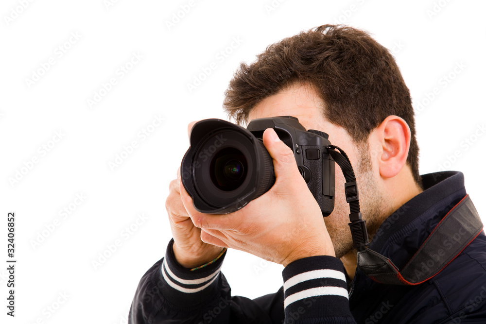 Young photographer with camera, isolated on white Young photographer with camera, isolated on white