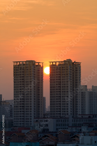 sunset city scenery with building