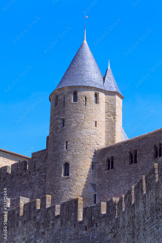 Walls and towers of famous medieval city, Carcassonne, France