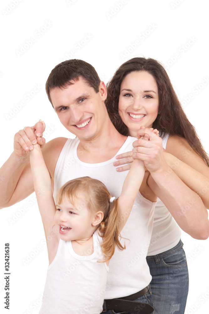 Happy mother, father and daughter playing on the white backgroun Happy mother, father and daughter playing on the white backgroun
