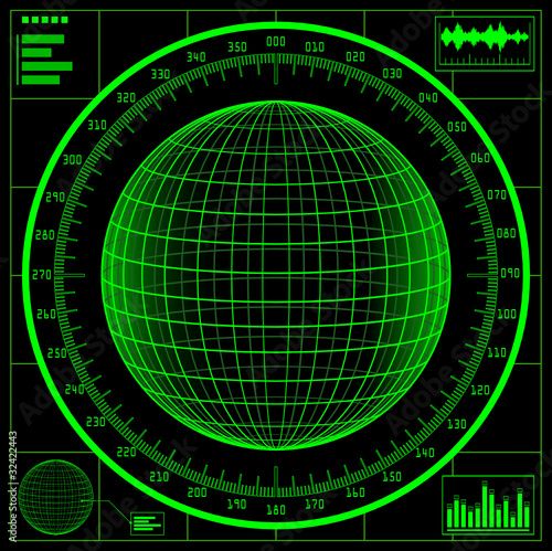 Radar screen. Digital globe with scale.
