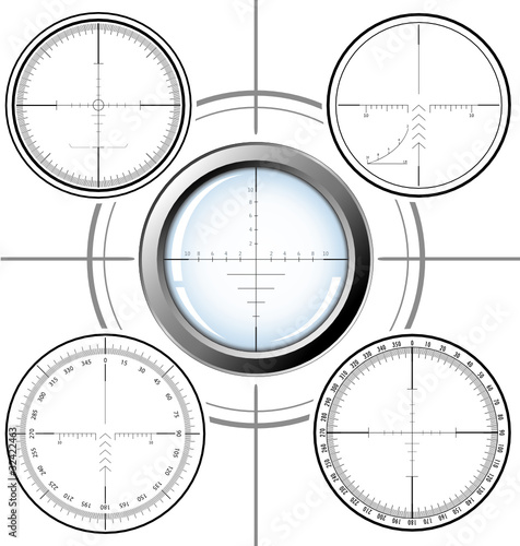 Set of sniper scopes over white background.