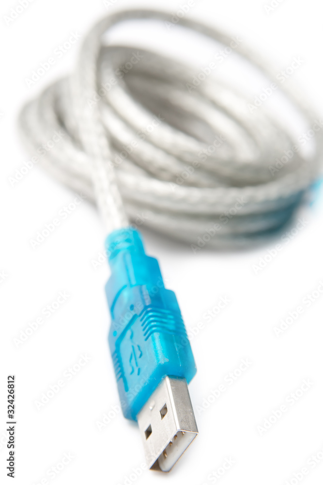 gray with a blue plug usb-cable solated on white ground gray with a blue plug usb-cable solated on white ground