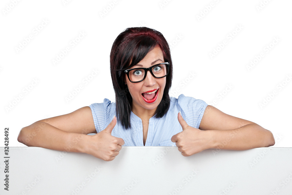 Frau mit Brille und Schild Frau mit Brille und Schild