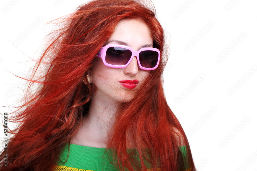 girl with long red hair in fashion sunglasses girl with long red hair in fashion sunglasses