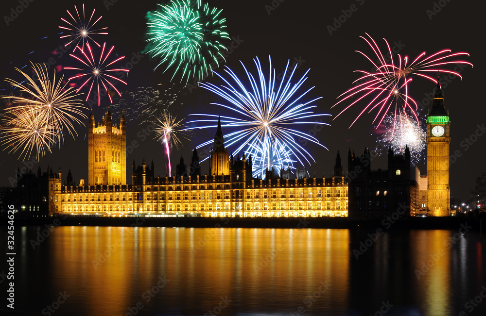 Fireworks over Big Ben / Parliament at midnight