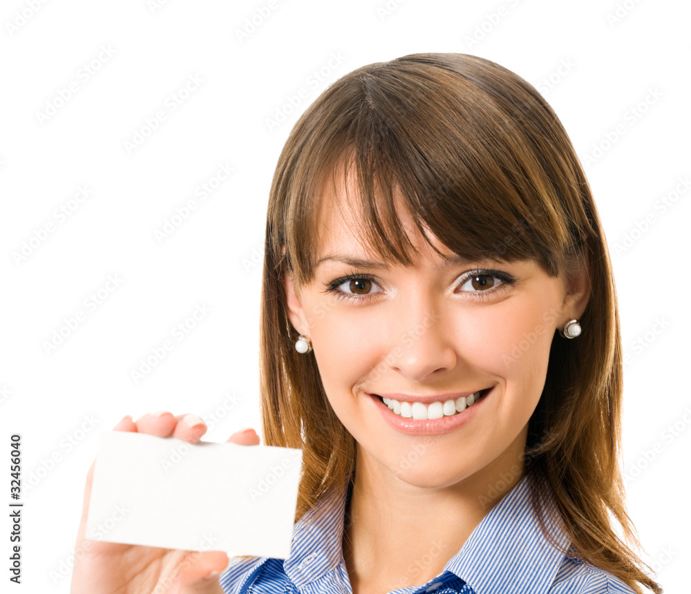 Happy business woman with blank business card, isolated Happy business woman with blank business card, isolated