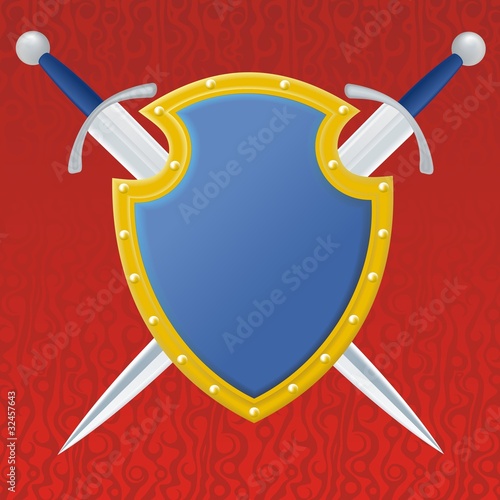 couple swords and blue shield