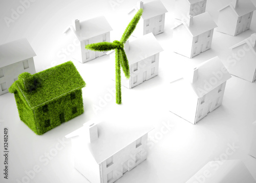 Green sustainable eco house with wind turbine