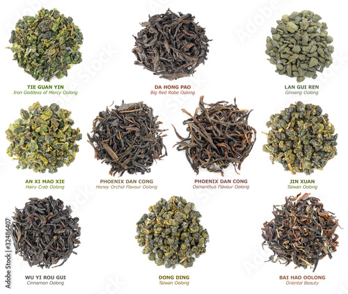 Isolated tea. Collection of famous chinese oolong teas isolated on white background, top view photo