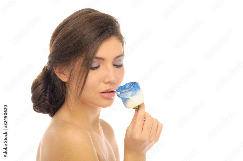 Beautiful brunette with blue rose Beautiful brunette with blue rose