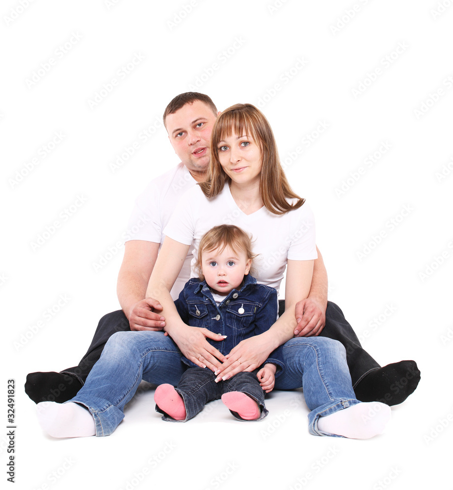 happy family sits together. isolated on a white background. happy family sits together. isolated on a white background.