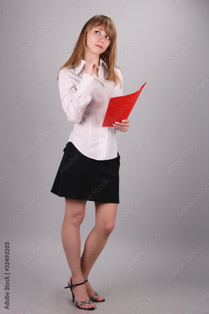 The young beautiful girl with the handle and a red folder The young beautiful girl with the handle and a red folder