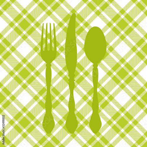 Seamless Pattern Green Check Cutlery Diagonal