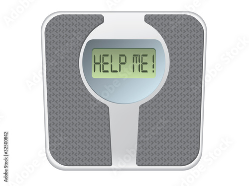 Bathroom scale with the word help me! on the screen