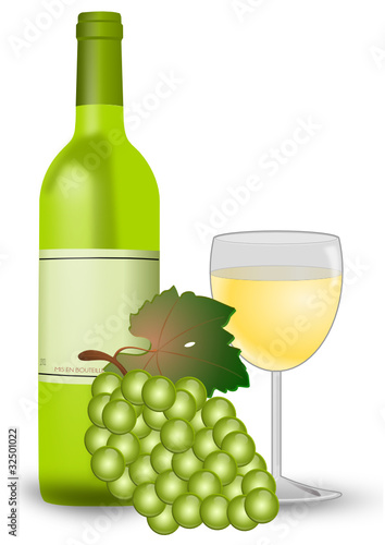 Weißwein mit Weinglas und Weintrauben