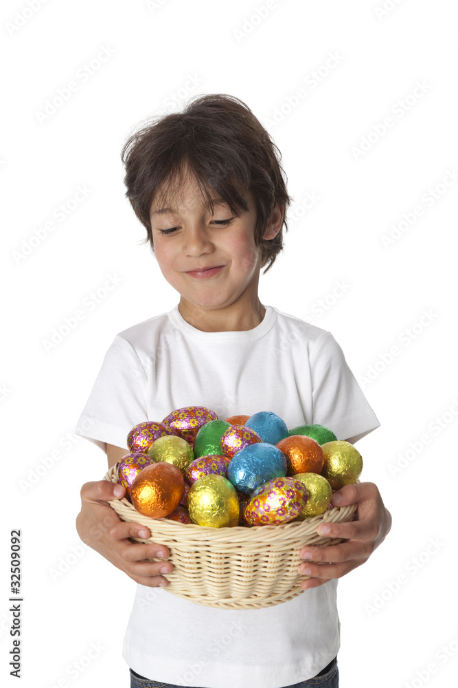 Little boy with chocolate easter eggs Little boy with chocolate easter eggs