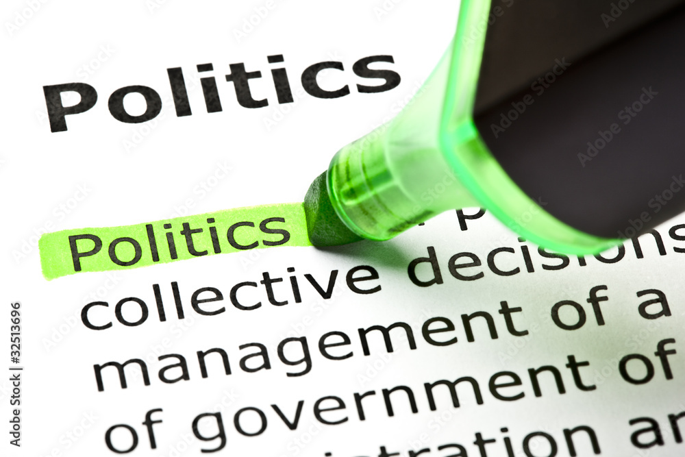 Fototapeta premium Dictionary definition of the word Politics highlighted in green
