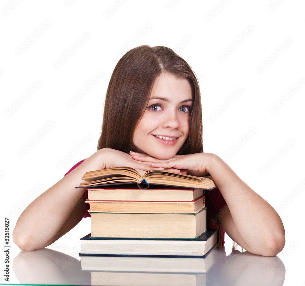 Teen girl with lot of books, isolated on white Teen girl with lot of books, isolated on white