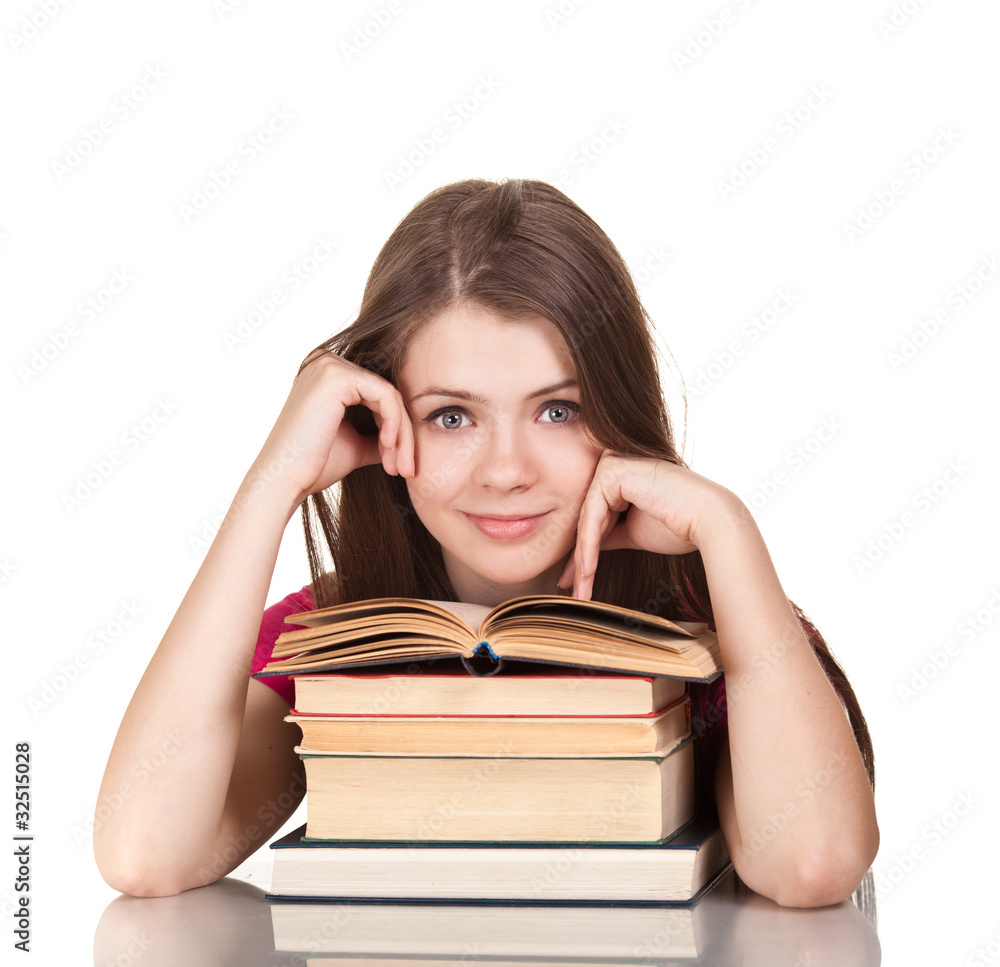 Teen girl with lot of books, isolated on white Teen girl with lot of books, isolated on white