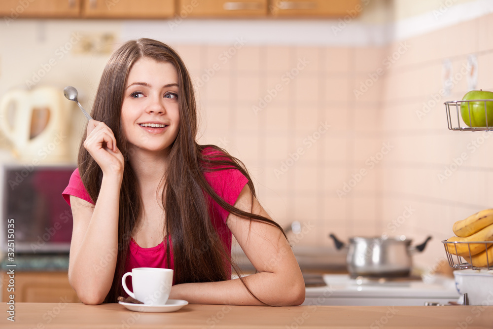beautiful happy young woman drinking coffee at home beautiful happy young woman drinking coffee at home