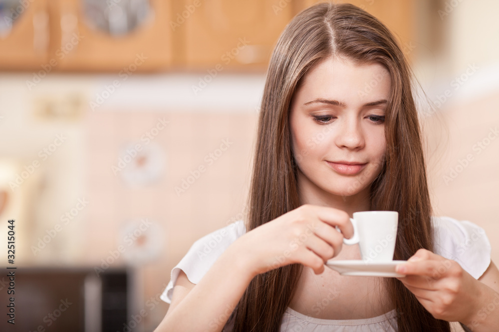 beautiful happy young woman drinking coffee at home beautiful happy young woman drinking coffee at home