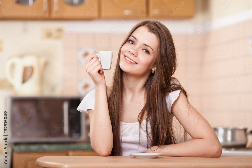 beautiful happy young woman drinking coffee at home beautiful happy young woman drinking coffee at home