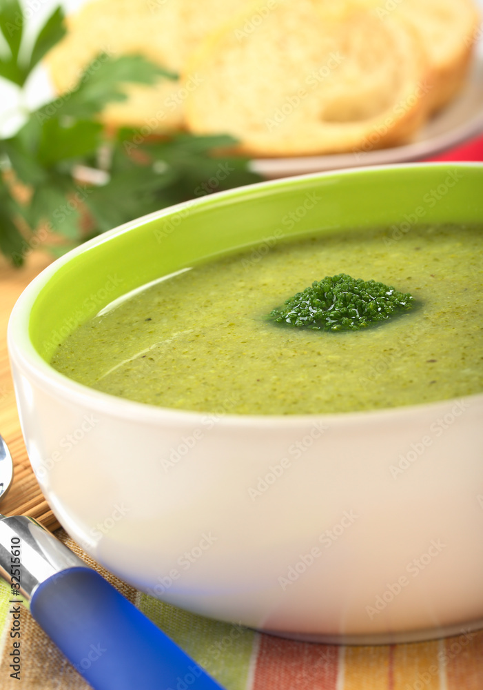 Cream of broccoli garnished with a broccoli floret Cream of broccoli garnished with a broccoli floret