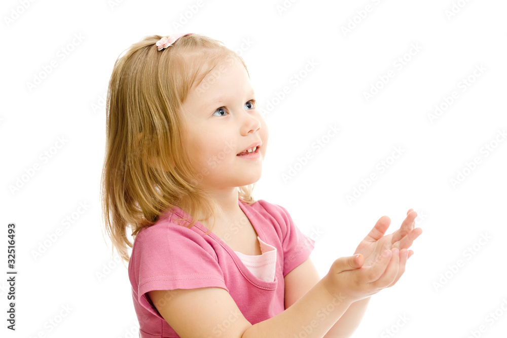 Little naughty girl portrait palms up isolated Little naughty girl portrait palms up isolated