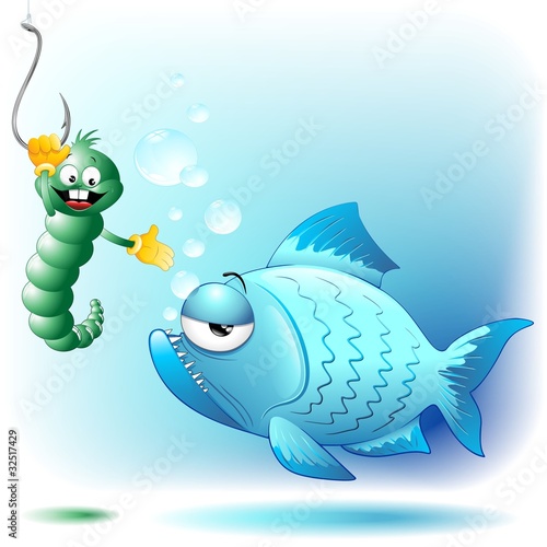 Pesce Verme e amo Cartoon-Fish Worm and Hook Background-Vector