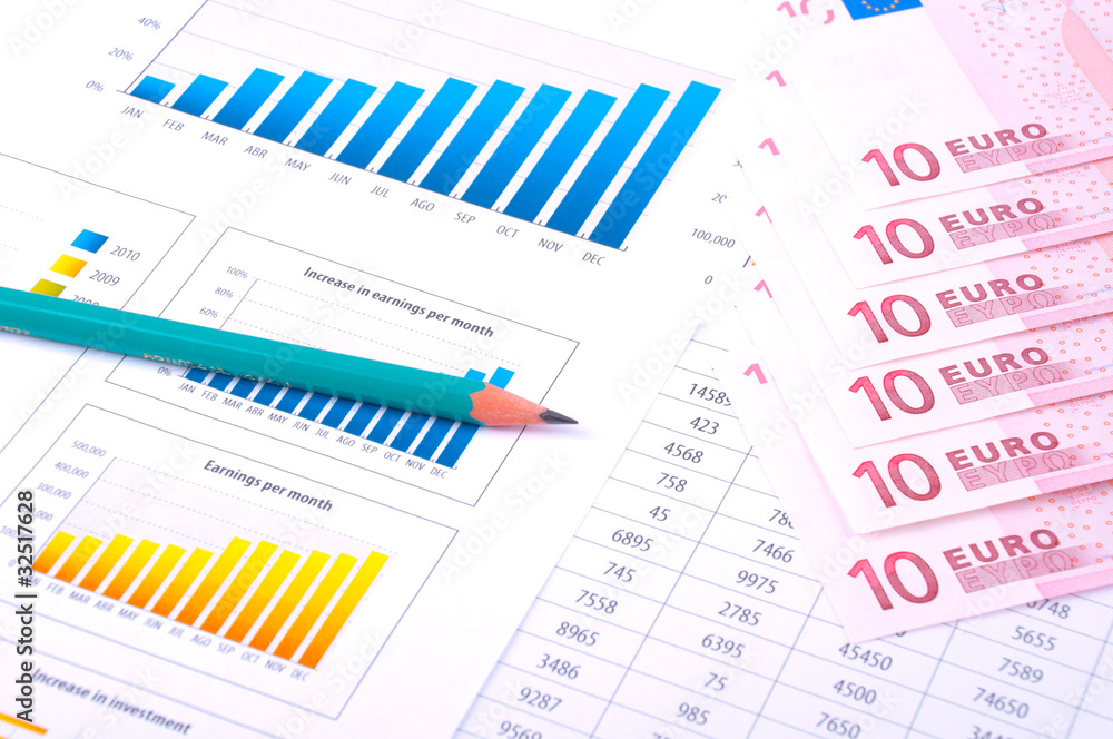 financial chart, european money and pencil financial chart, european money and pencil