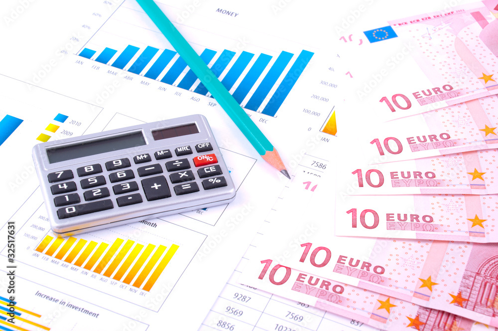 financial chart, european money and pencil financial chart, european money and pencil