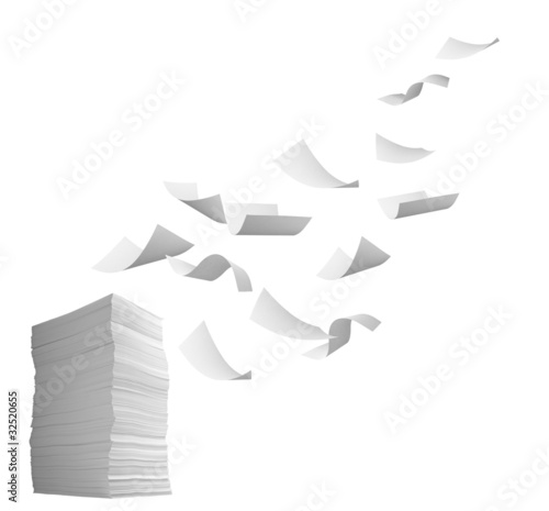 stack of papers and curl paper flying in wind office business