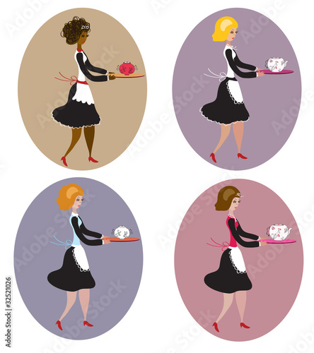 Set of vintage waitresses cartoon