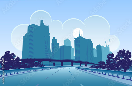 Vector image of a modern city, designed in blue colors