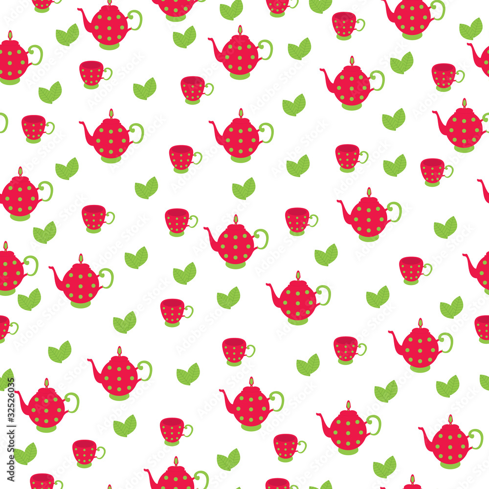 Seamless wallpaper pattern. Red tea pot with cup and leaves Seamless wallpaper pattern. Red tea pot with cup and leaves