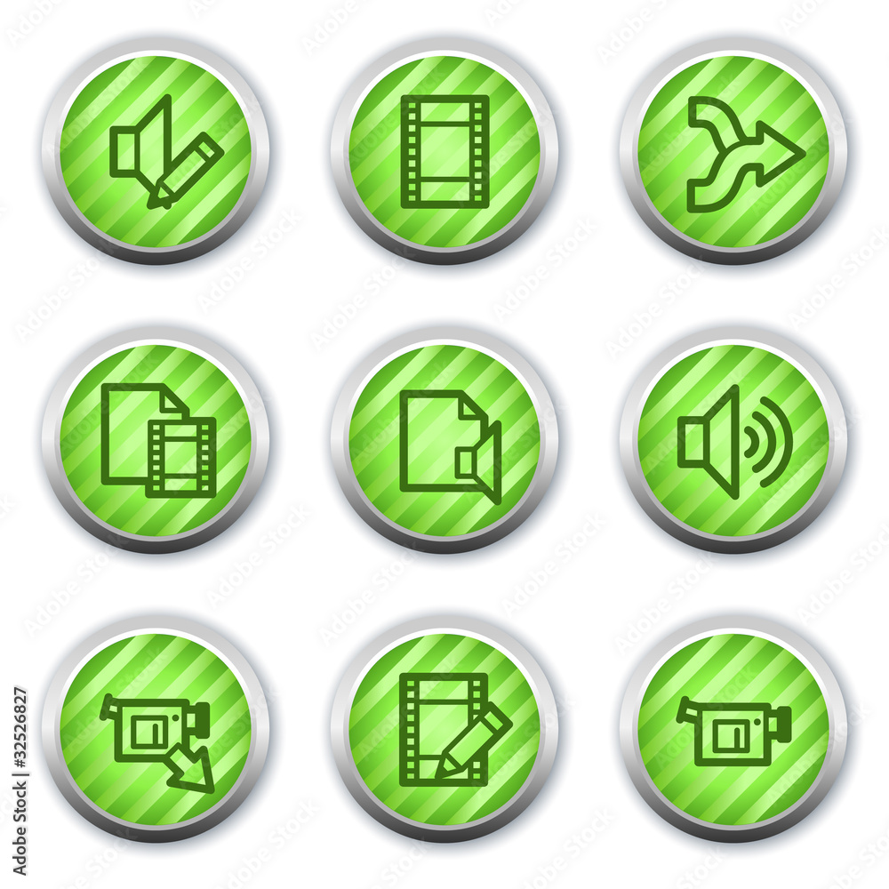 Audio video edit web icons, green glossy circle buttons Audio video edit web icons, green glossy circle buttons