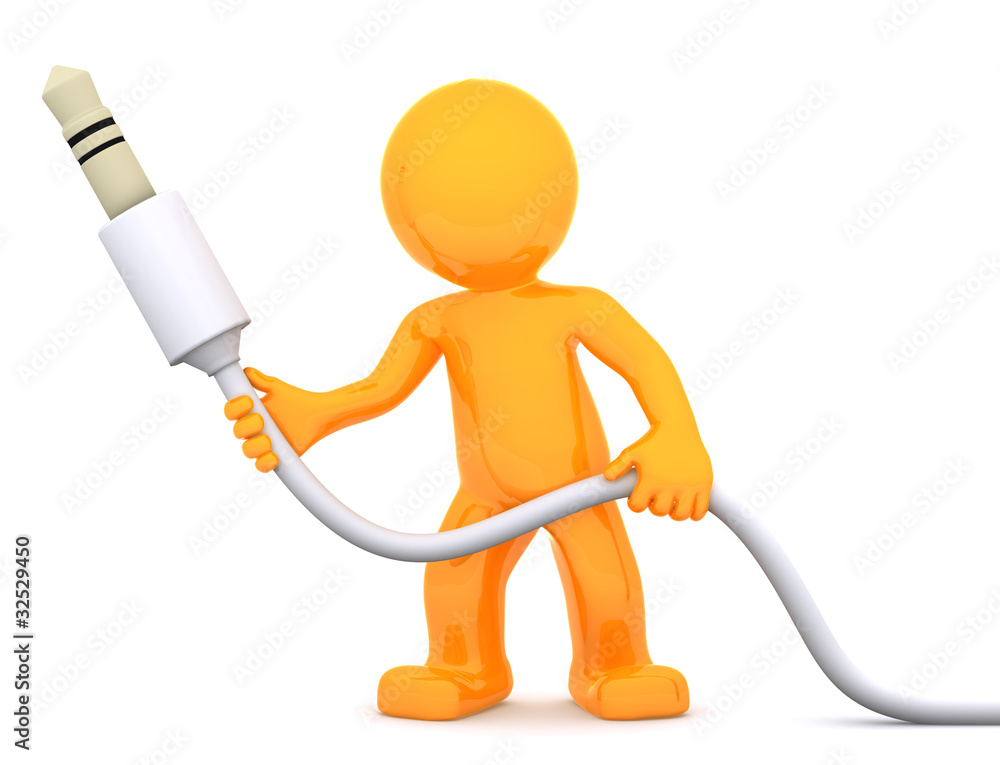 3d person hold audio jack. Isolated on white 3d person hold audio jack. Isolated on white
