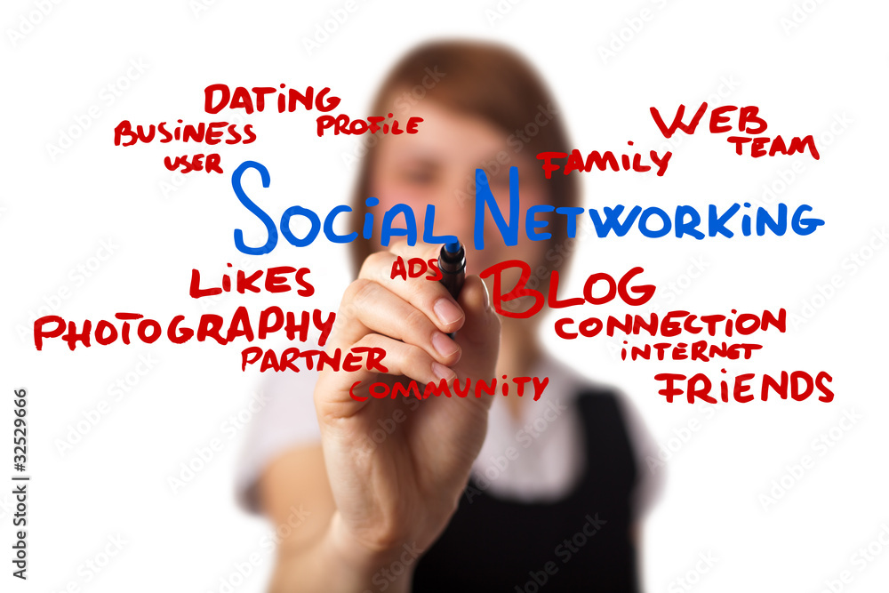 businesswoman drawing social networking schema in a whiteboard businesswoman drawing social networking schema in a whiteboard