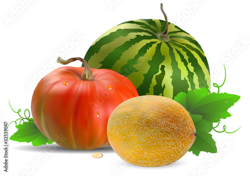 Fotografia melon watermelon and pumpkin