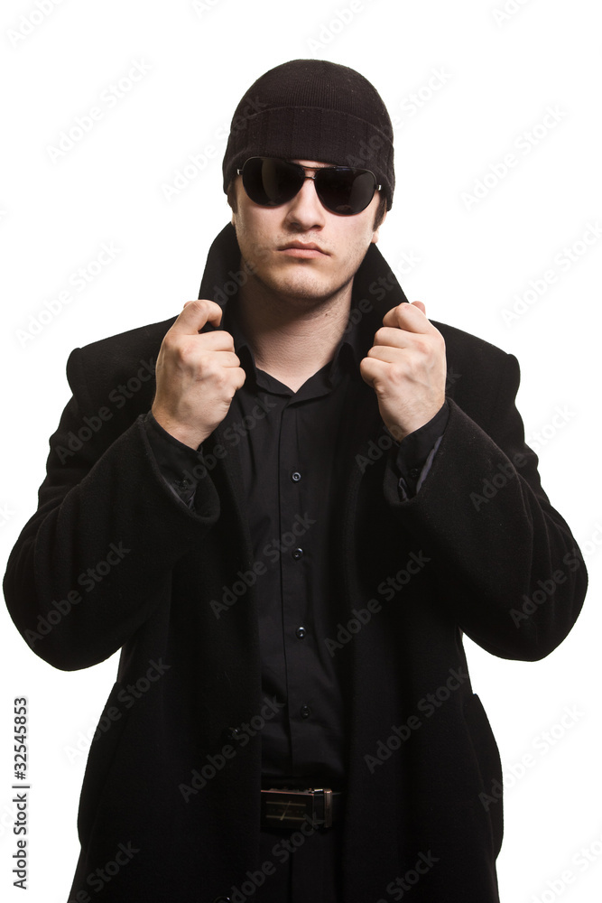 confidence man in black coat and sunglasses confidence man in black coat and sunglasses
