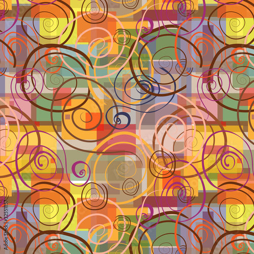 Abstract seamless background with swirls and rectangles.