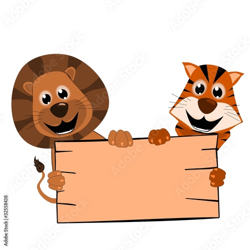 Cute tiger and lion with a wooden sign